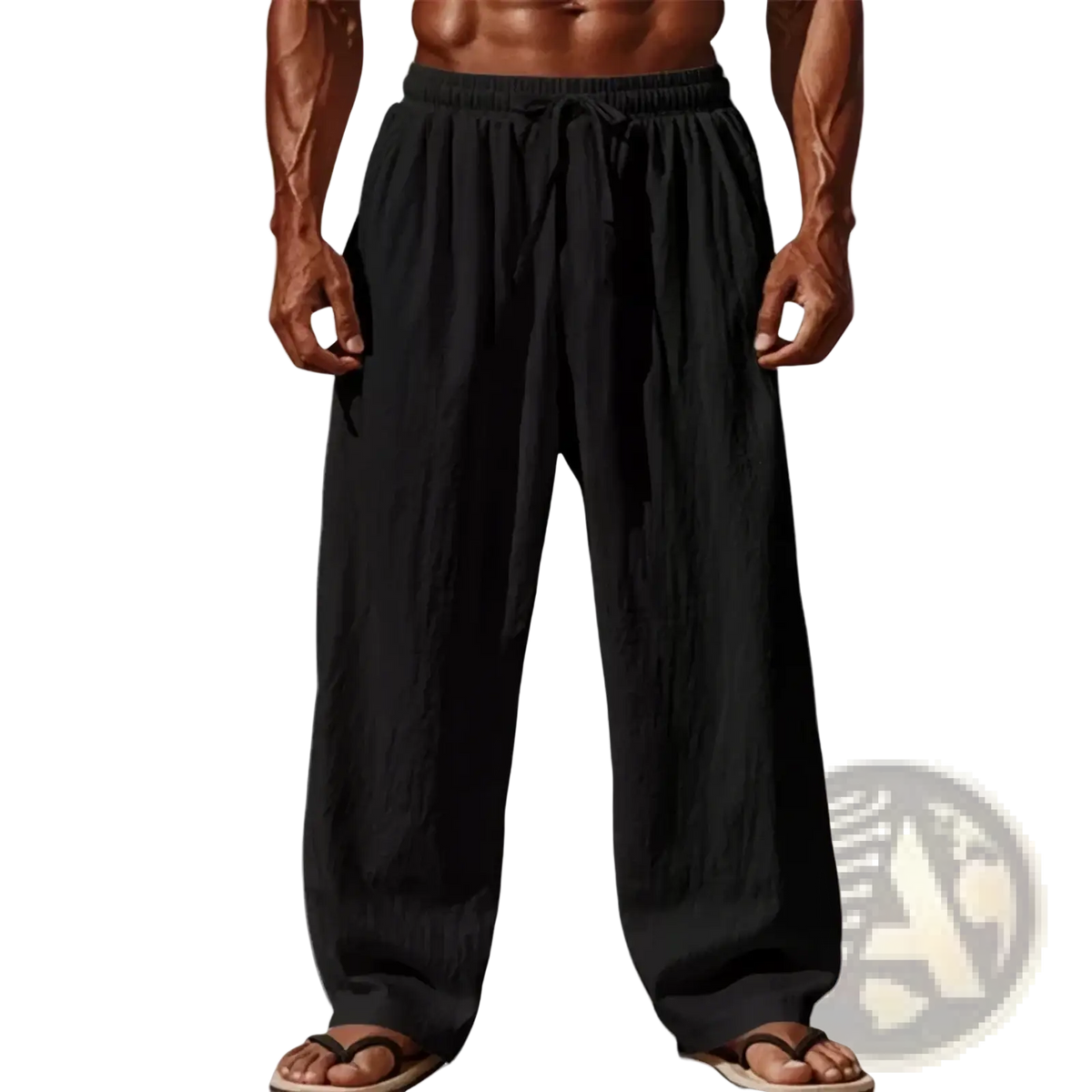 Black loose-fitting cotton linen casual pants with elastic waistband and drawstring for men