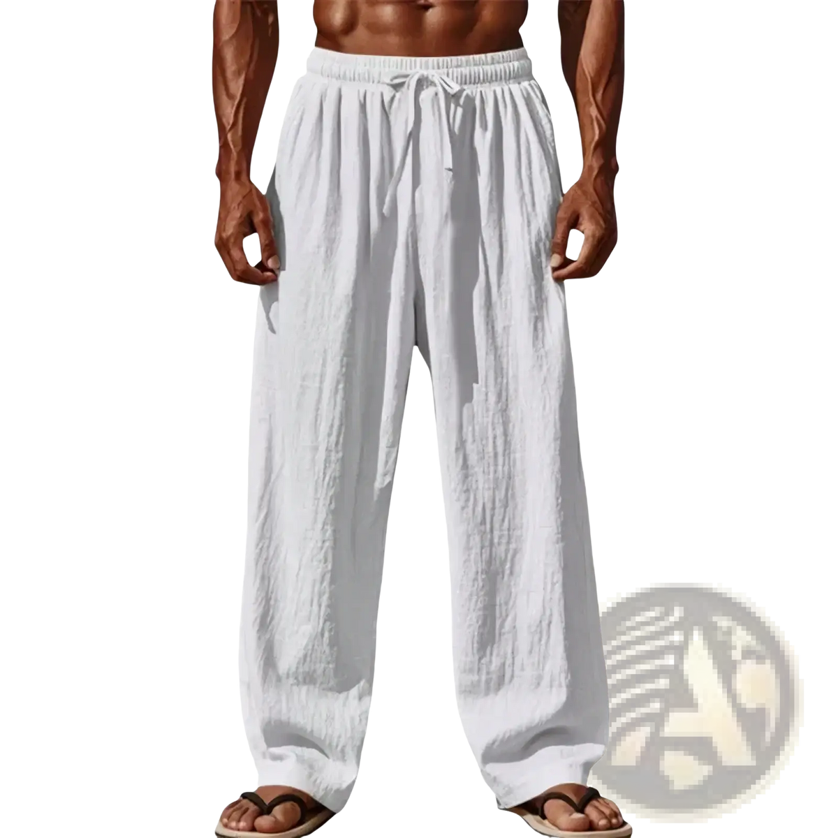 Men cotton linen casual white loose straight leg pants with elastic waistband and drawstring for comfort