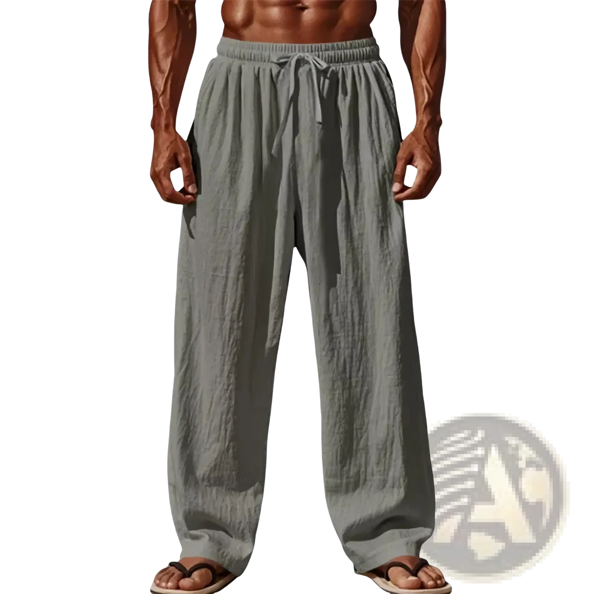 Men cotton linen casual pants gray loose straight leg with drawstring waistband for comfortable wear