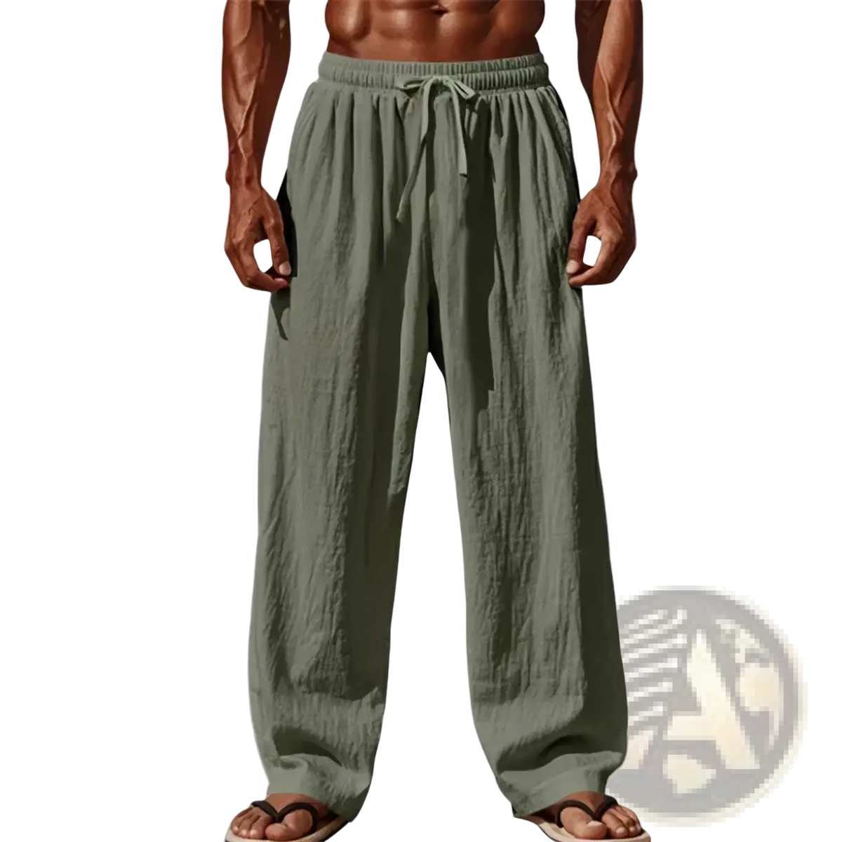 Olive green men cotton linen casual pants with loose straight leg and drawstring waistband for comfortable wear