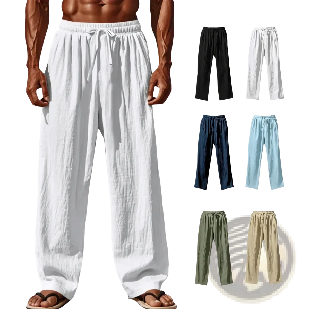 Men cotton linen casual pants in white with loose straight leg fit and subtle vertical ribbing and drawstring waist