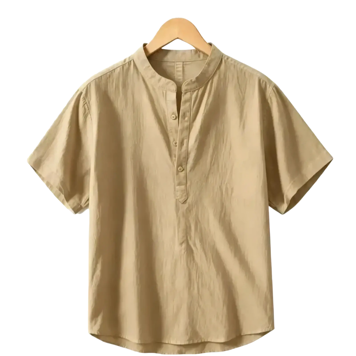 Men cotton linen casual shirt in beige with short sleeves and mandarin collar made of lightweight cotton fabric