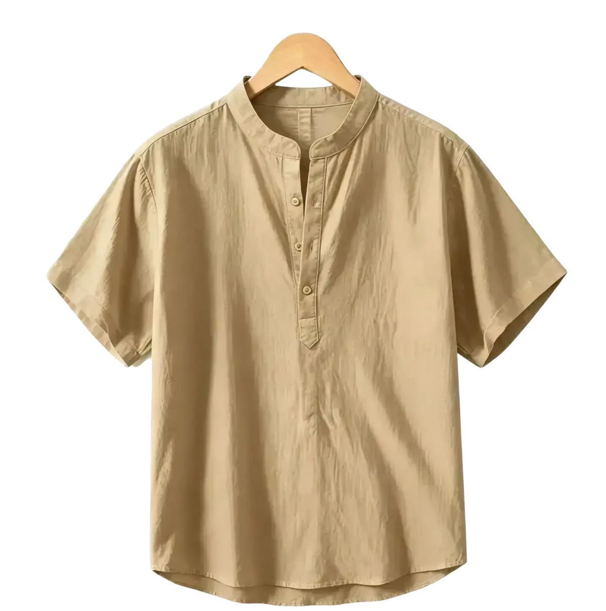 Beige men cotton linen casual shirt with short sleeves and mandarin collar hanging on wooden hanger
