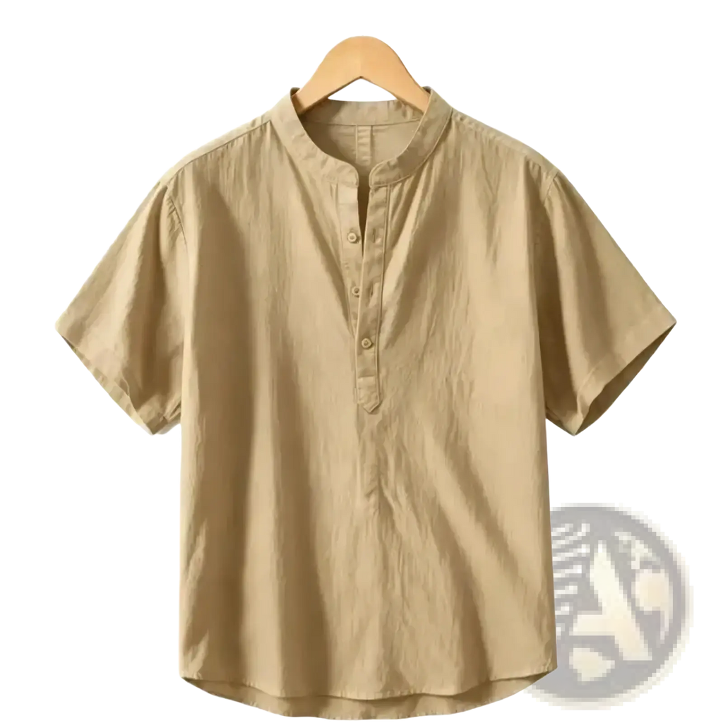 Men cotton linen casual shirt in beige with short sleeves and mandarin collar made of lightweight cotton fabric