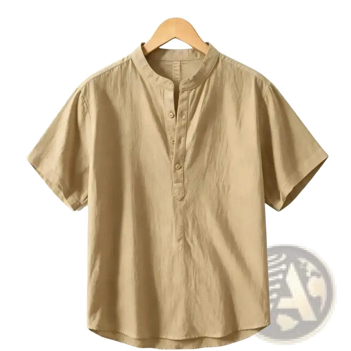 Men cotton linen casual shirt in beige with short sleeves and mandarin collar made of lightweight cotton fabric