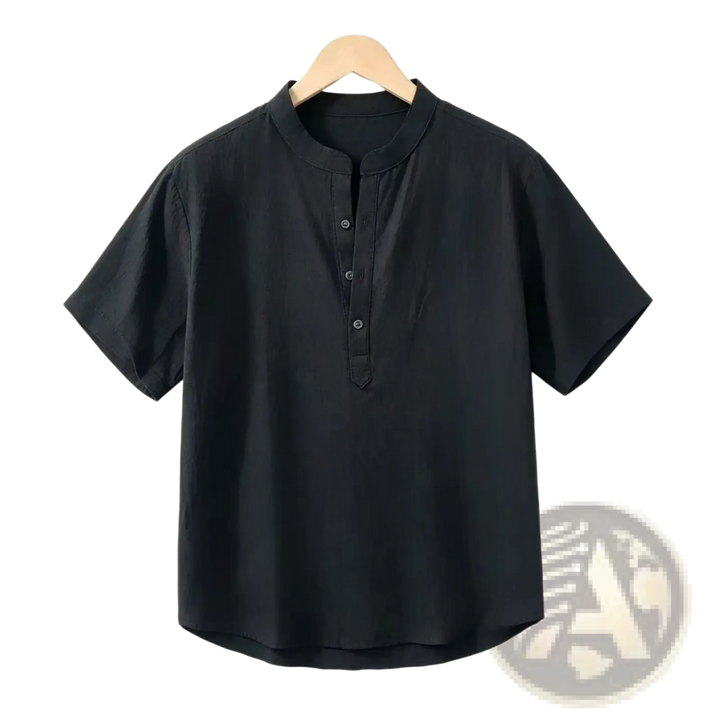 Men cotton linen casual shirt in black with short sleeves mandarin collar and front button closure