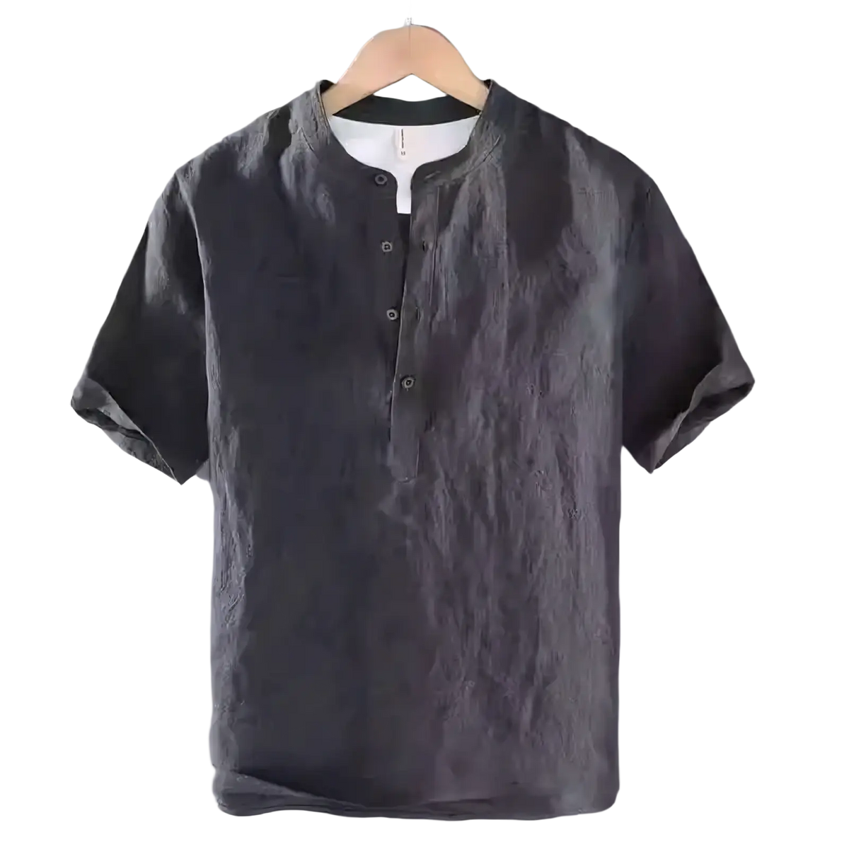 Men cotton linen casual shirt in dark gray textured linen with short sleeves button-down front and white inner collar
