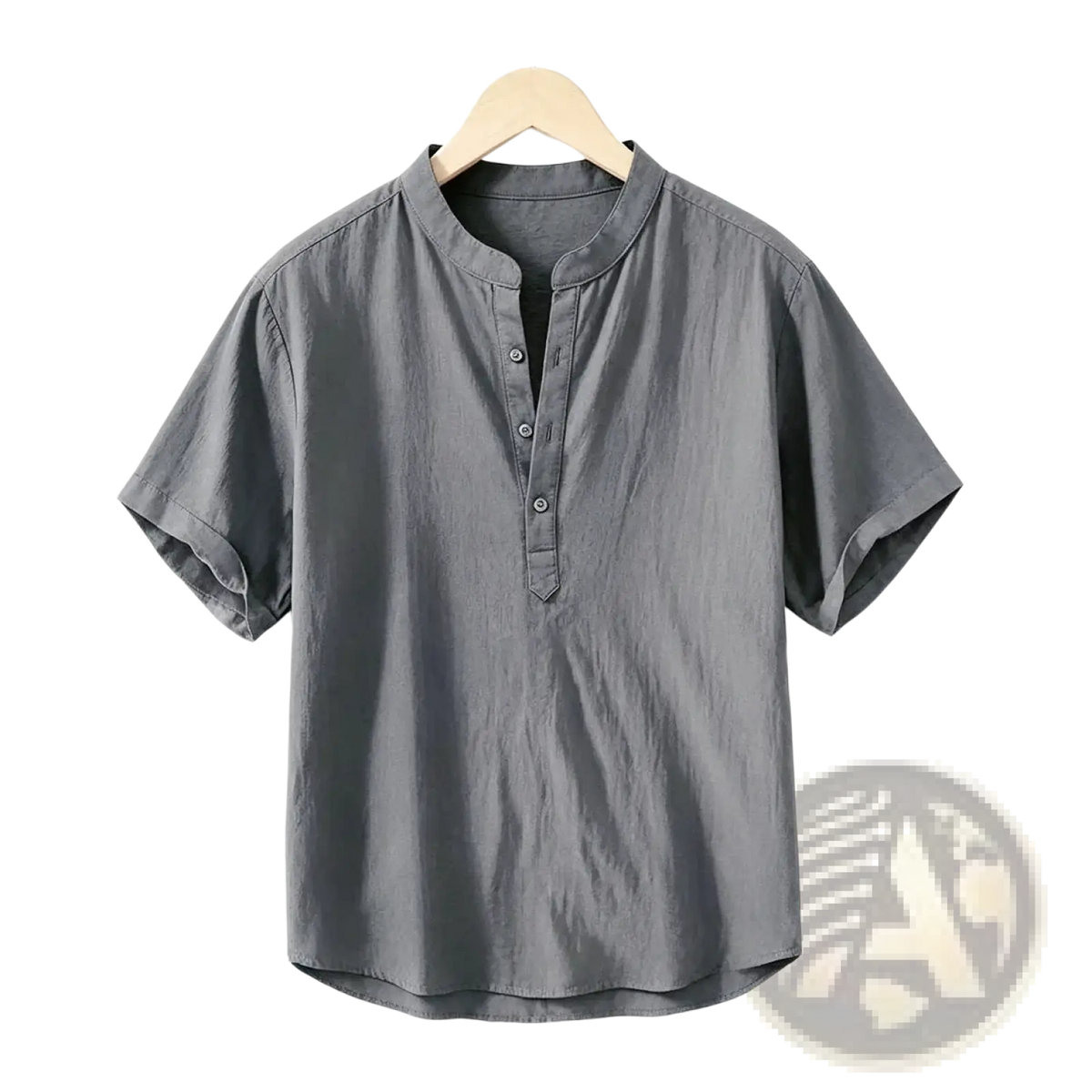 Gray men cotton linen casual shirt with short sleeves mandarin collar and button front placket