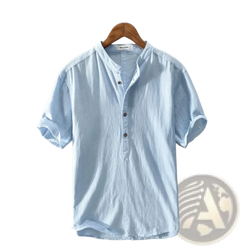 Men cotton linen casual shirt in light blue with short sleeves textured fabric and dark brown henley buttons