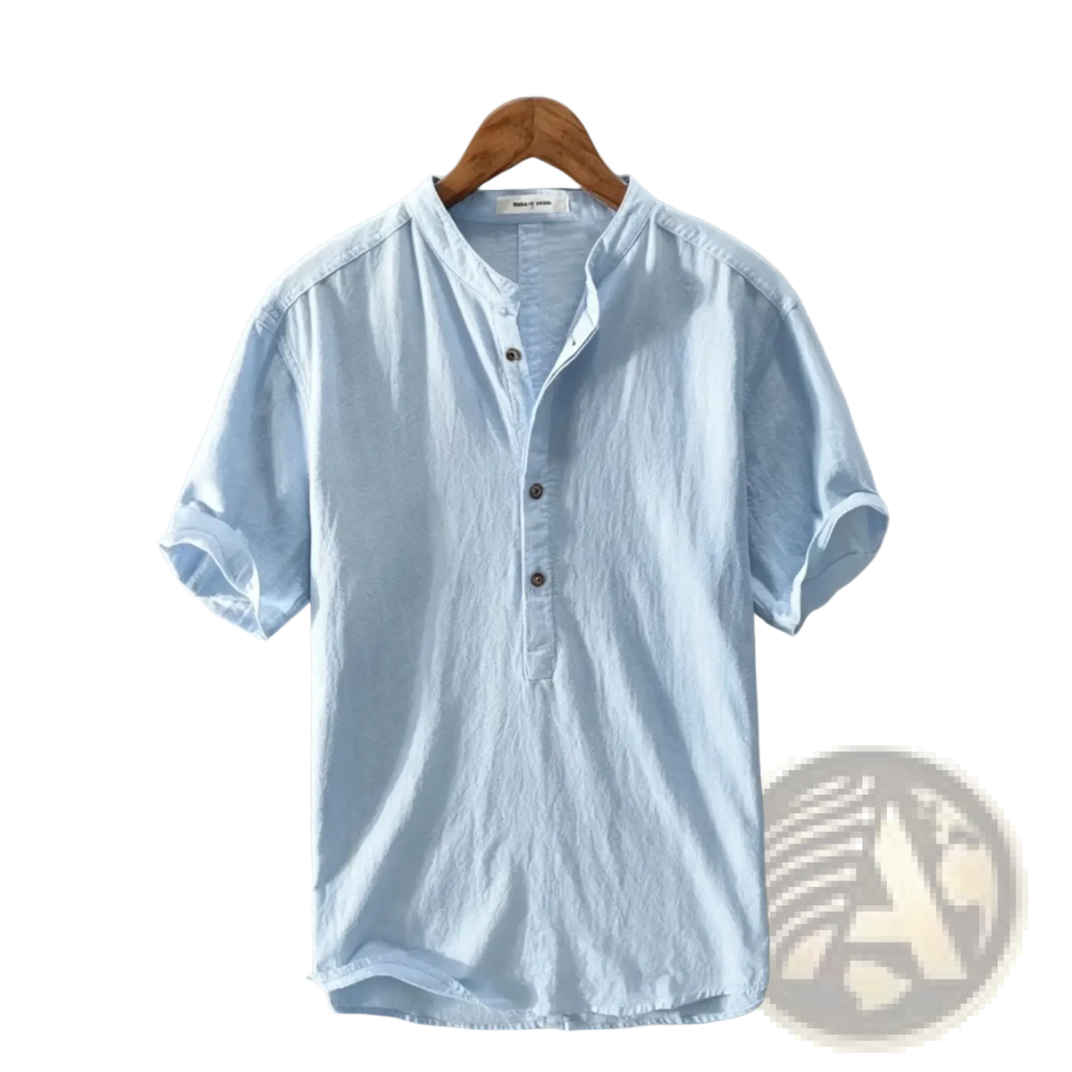 Men cotton linen casual shirt in light blue with short sleeves textured fabric and dark brown henley buttons