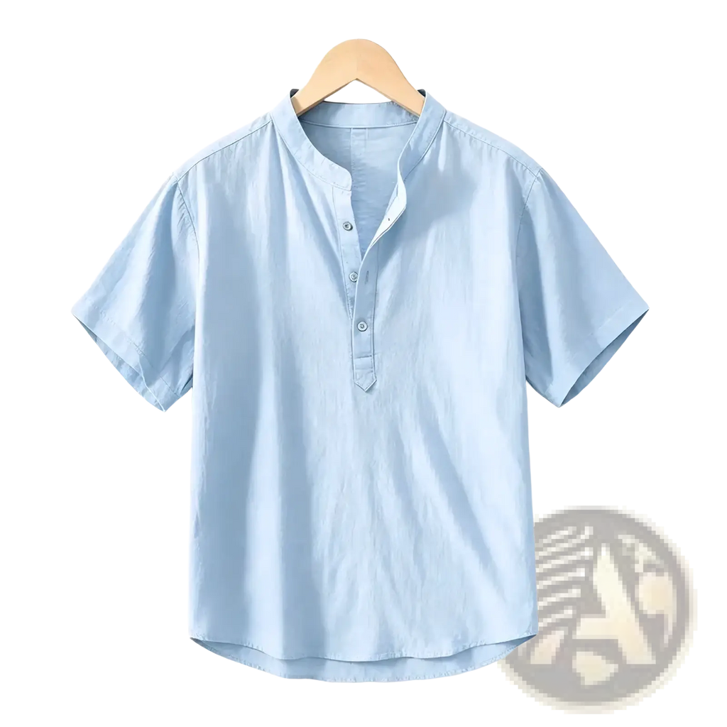 Light blue men cotton linen casual shirt with short sleeves button-down front and collar