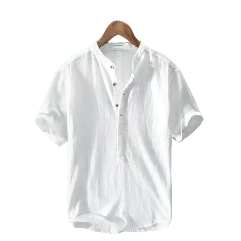 Men cotton linen casual shirt in white with short sleeves, relaxed fit, and subtle textured fabric
