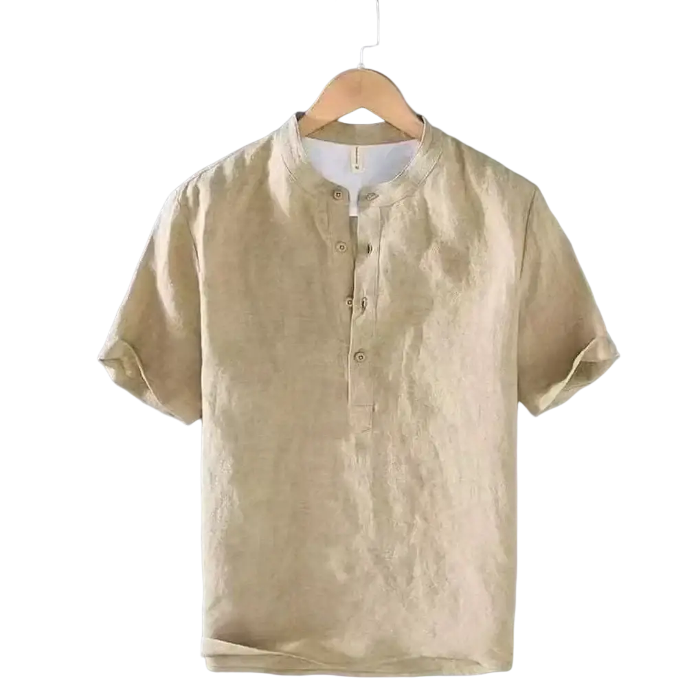 Beige cotton linen men casual summer shirt with short sleeves mandarin collar and button front closure