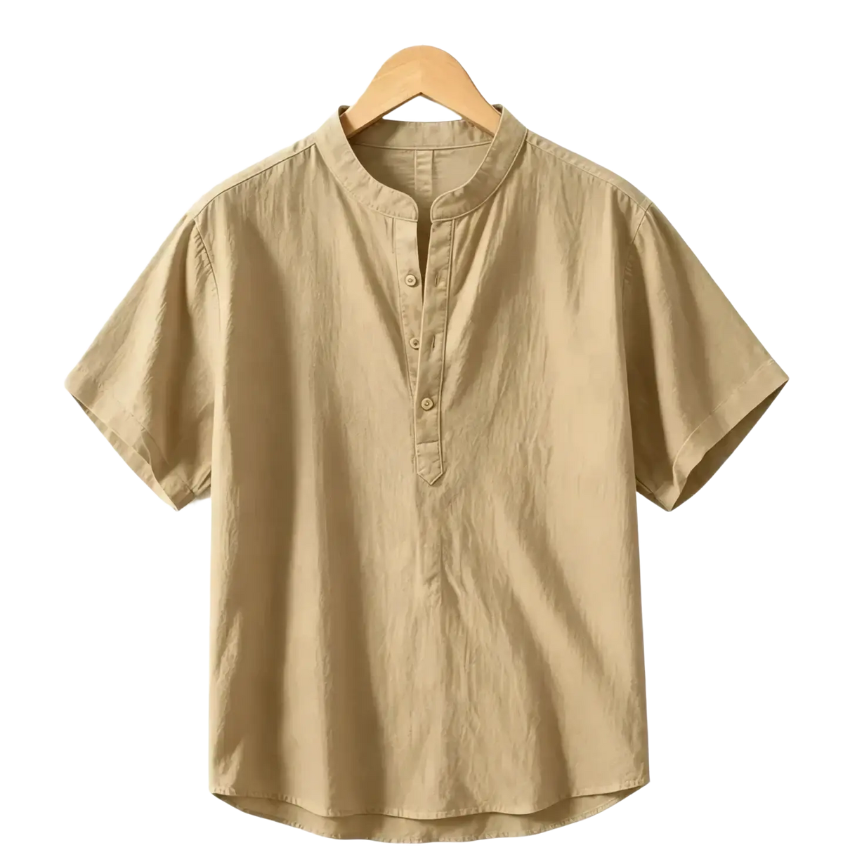 Beige short-sleeved cotton linen casual summer shirt with mandarin collar hanging on wooden hanger