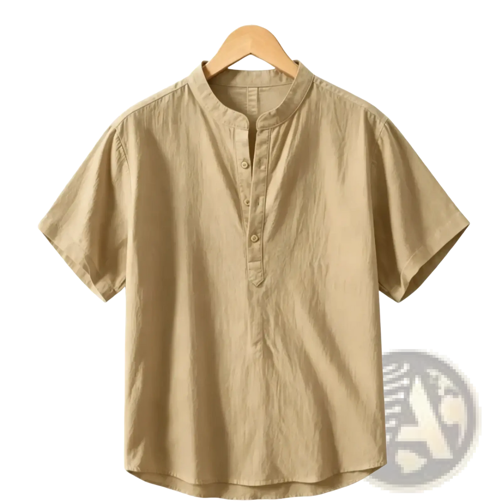 Beige men cotton linen casual summer shirt with short sleeves and mandarin collar hanging on wooden hanger