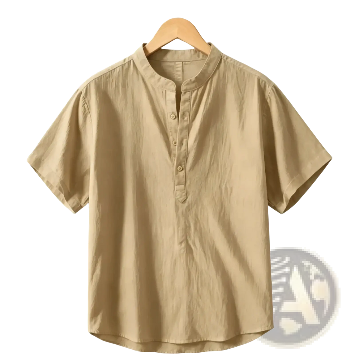 Beige men cotton linen casual summer shirt with short sleeves and mandarin collar hanging on wooden hanger