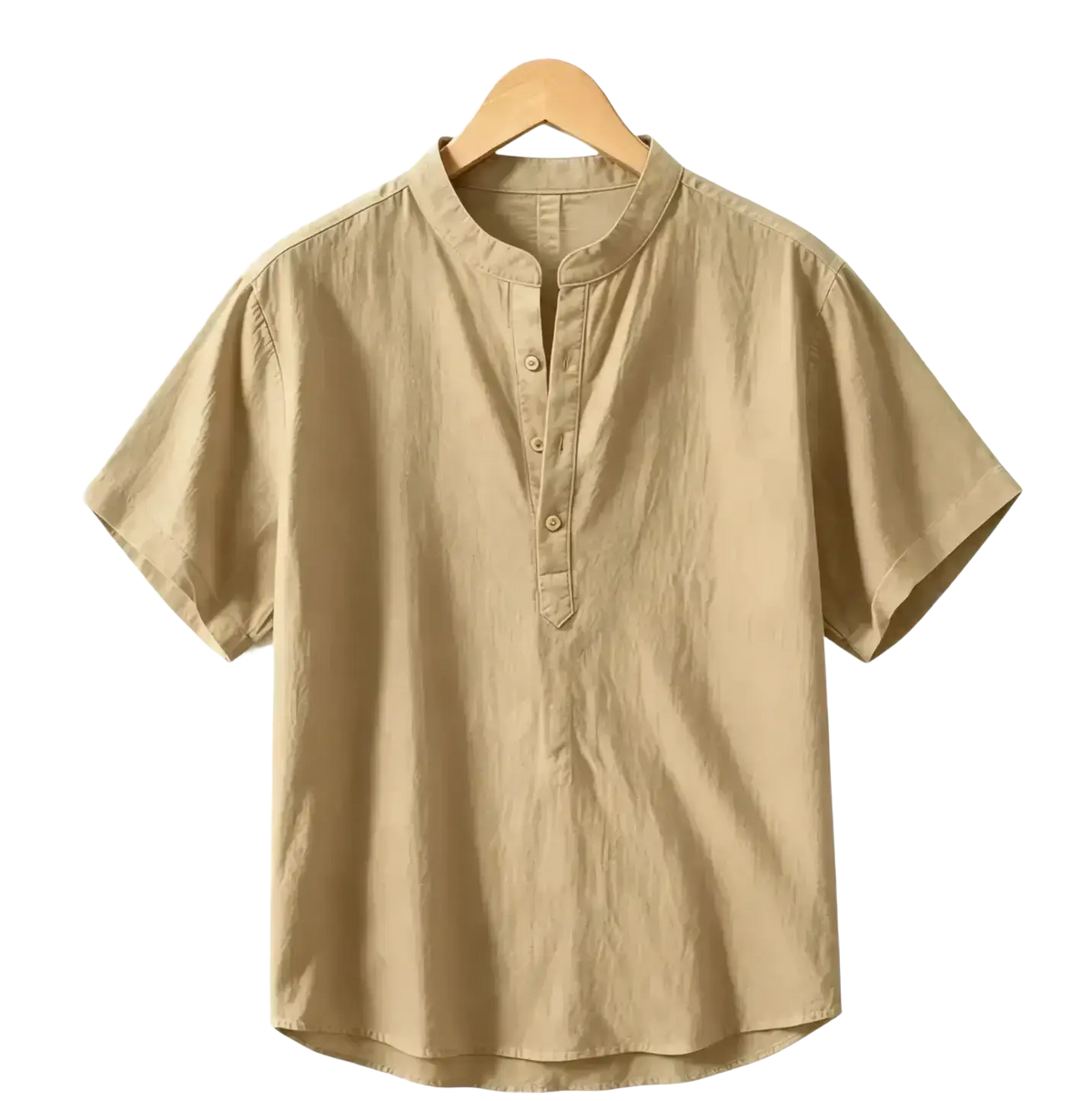 Beige men cotton linen casual short-sleeved shirt with mandarin collar and button-front design for summer wear