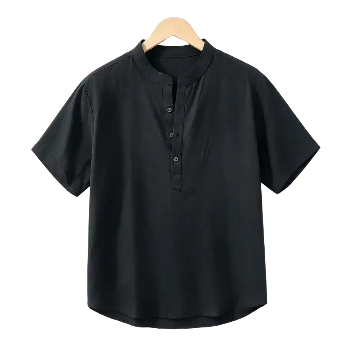 Black men cotton linen casual shirt with mandarin collar short sleeves and front button closure for summer wear