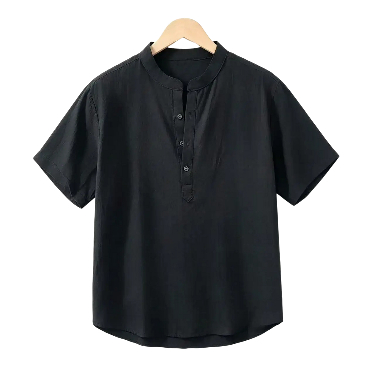 Men cotton linen casual summer shirt featuring black short-sleeved mandarin collar with front button closure