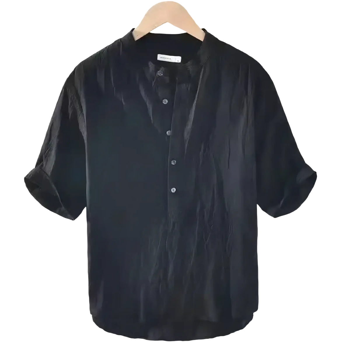 Black men cotton linen casual summer shirt with short sleeves, rolled cuffs, and subtle sheen on a wooden hanger