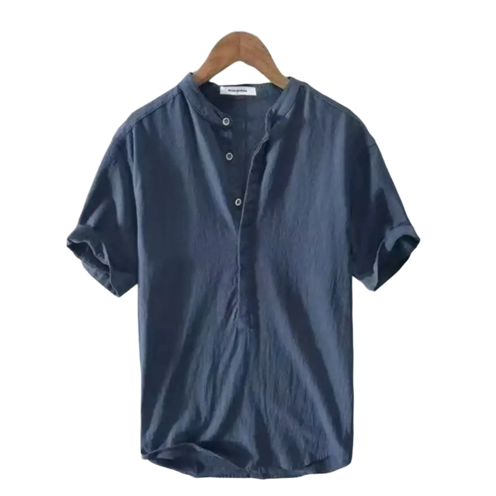 Dark blue men cotton linen casual summer shirt with short sleeves button placket and rolled cuffs
