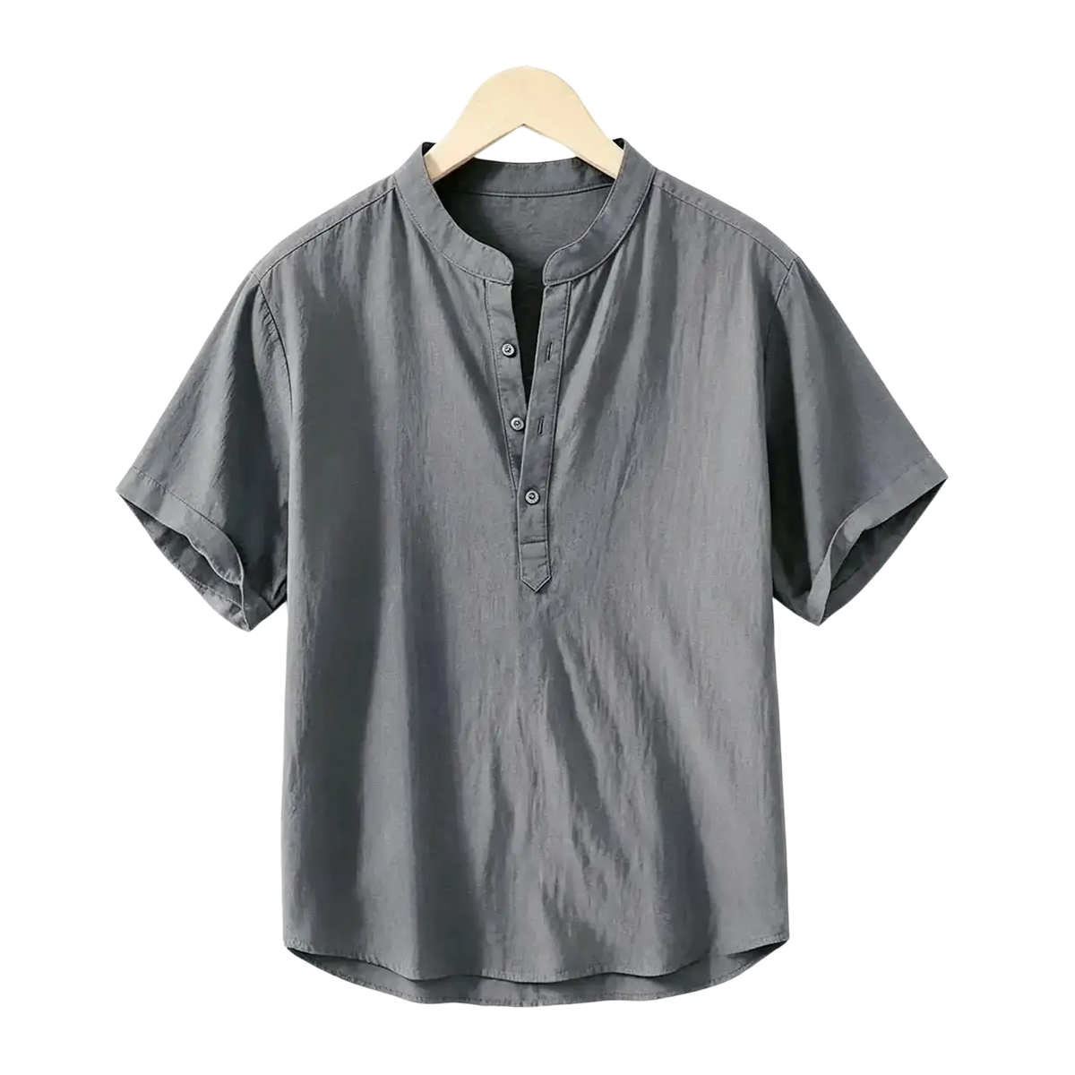 Gray men cotton linen casual short-sleeved shirt with mandarin collar and button-front placket for summer wear
