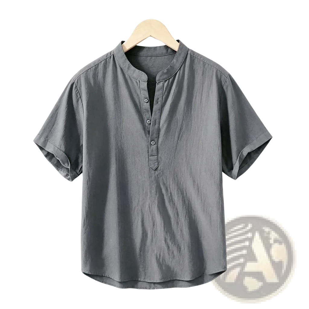 Gray short-sleeved men’s cotton linen casual summer shirt with mandarin collar and button-front placket