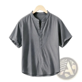 Gray short-sleeved men’s cotton linen casual summer shirt with mandarin collar and button-front placket