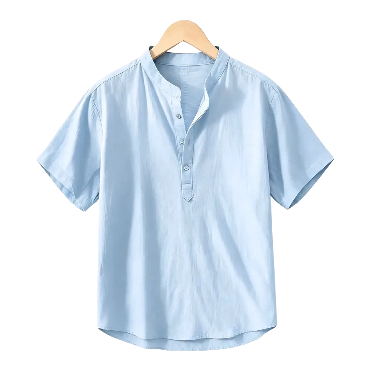 Light blue men cotton linen casual summer shirt with short sleeves button-down front and collar