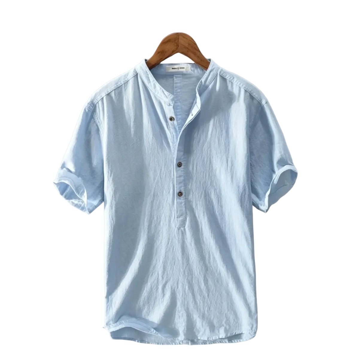 Men cotton linen casual summer shirt in light blue with subtle texture and dark brown buttons short sleeve henley style