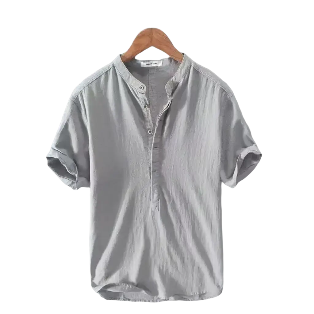 Men cotton linen casual light gray short-sleeved shirt with button-down front and rolled-up sleeves for summer wear