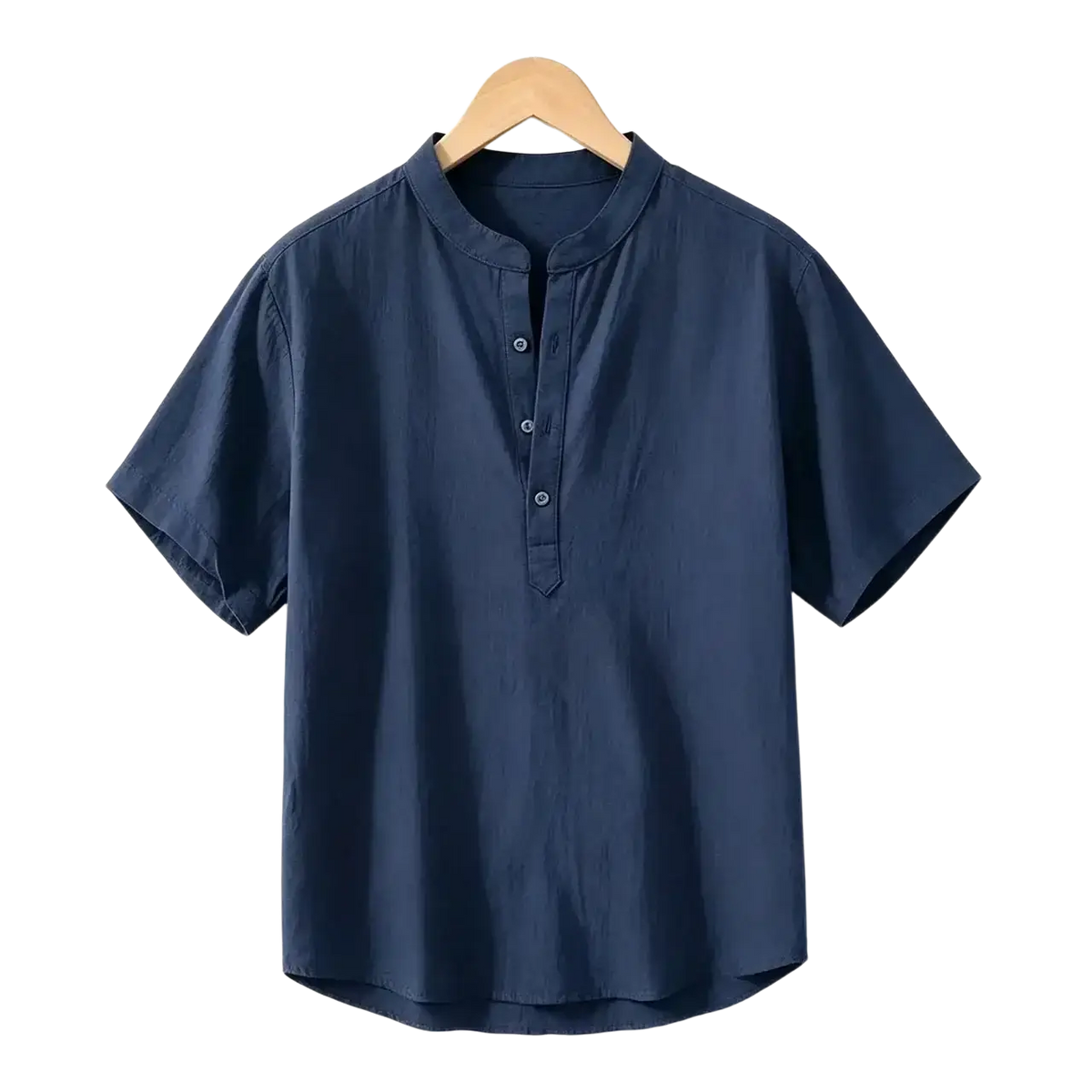 Navy blue men cotton linen casual summer shirt with short sleeves and mandarin collar made from breathable fabric