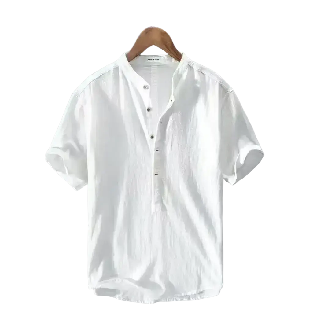 White short-sleeved henley shirt with relaxed fit and subtle texture made from breathable men cotton linen casual fabric