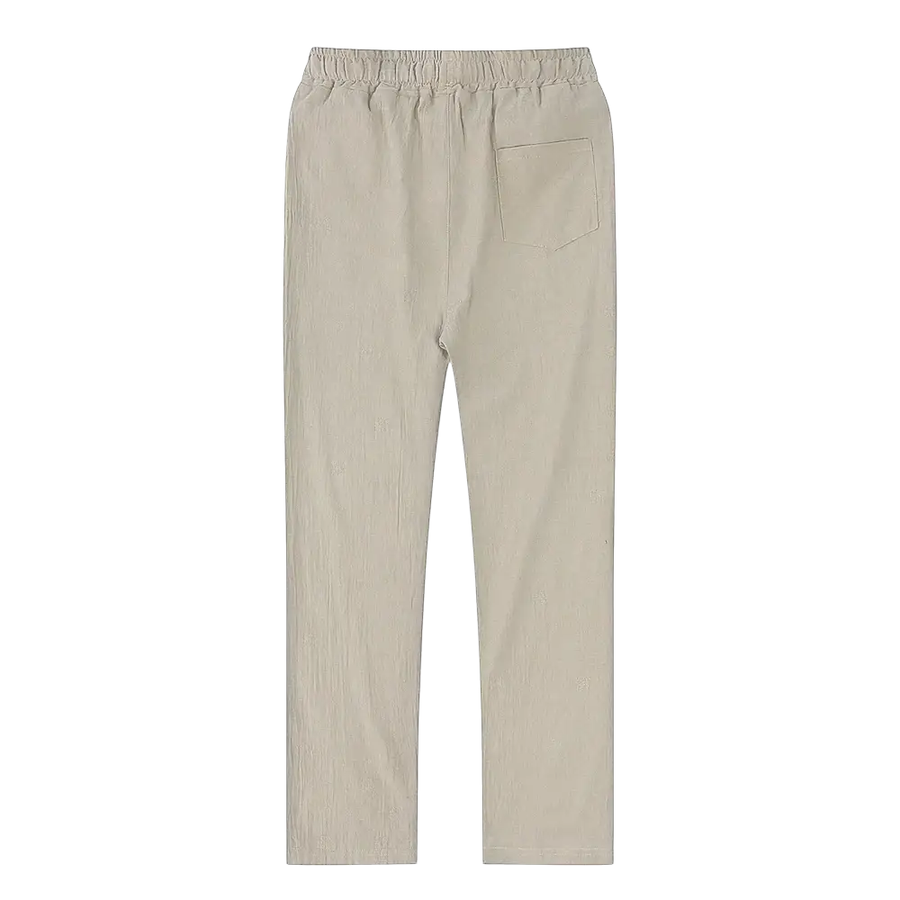 Beige men cotton linen casual trousers shown from the back with an elastic waistband and a single back pocket