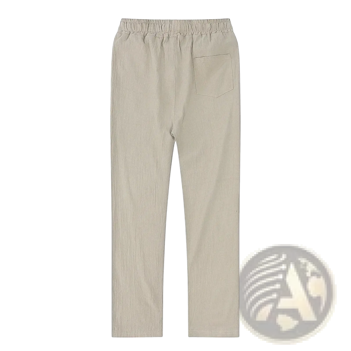 Beige men cotton linen casual trousers shown from the back with an elastic waistband and a single back pocket