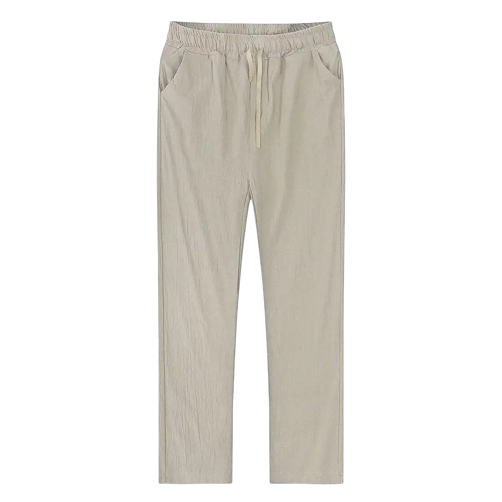 Beige cotton linen casual trousers with a relaxed fit drawstring waist and subtle vertical texture for men