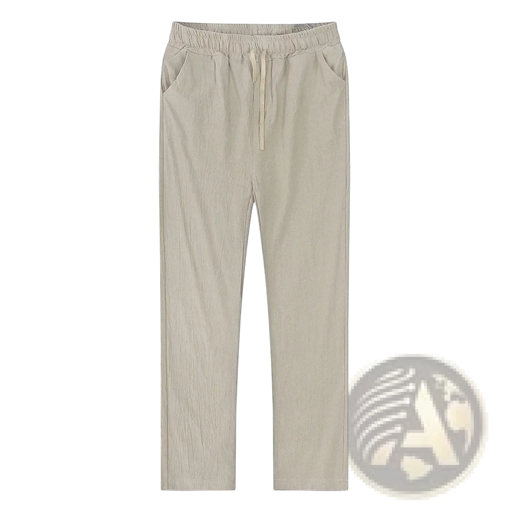 Beige cotton linen casual trousers with a relaxed fit drawstring waist and subtle vertical texture for men
