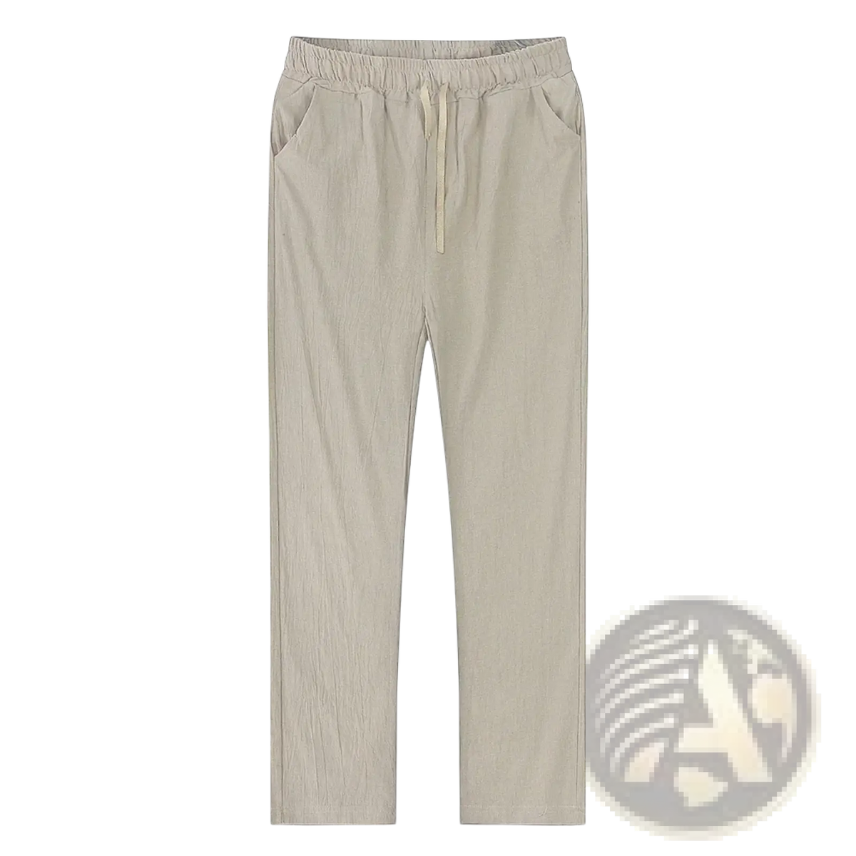 Beige cotton linen casual trousers with a relaxed fit drawstring waist and subtle vertical texture for men
