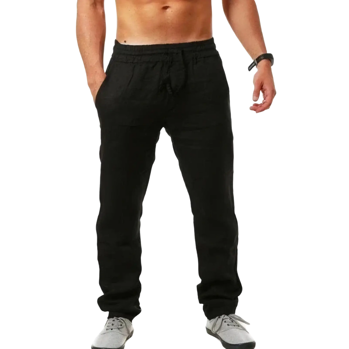 Black cotton linen men casual trousers with drawstring relaxed fit and tapered legs
