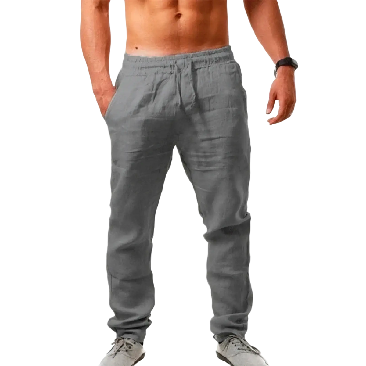 Men cotton linen casual trousers gray linen joggers with elastic waistband and drawstring for comfortable wear
