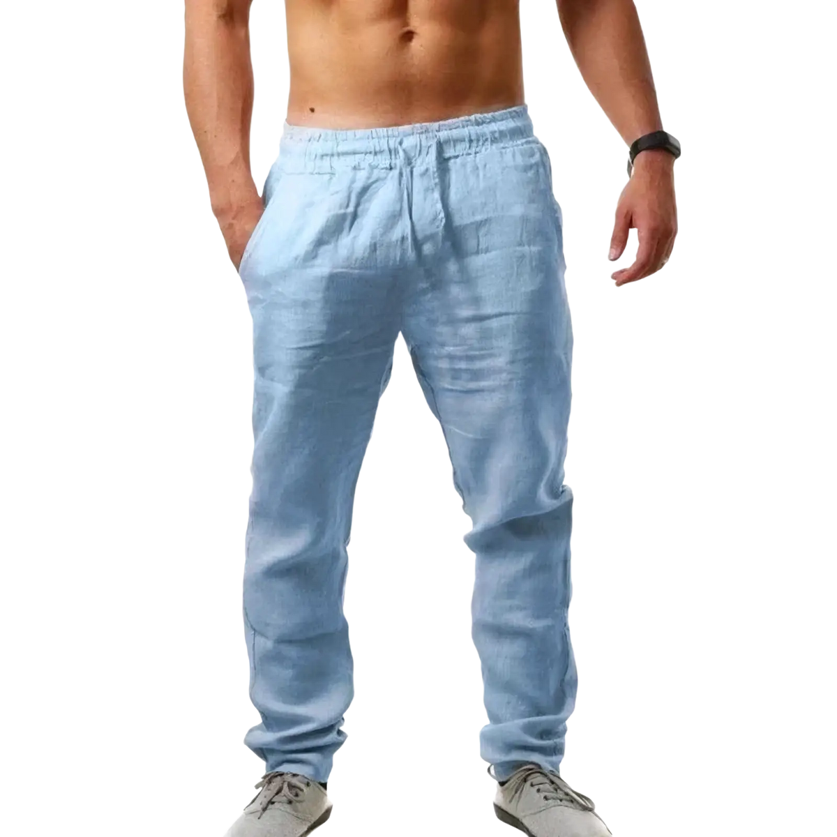 Light blue men cotton linen casual trousers with elastic waistband and drawstring for comfortable wear
