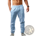 Light blue men cotton linen casual trousers with elastic waistband and drawstring for comfortable wear