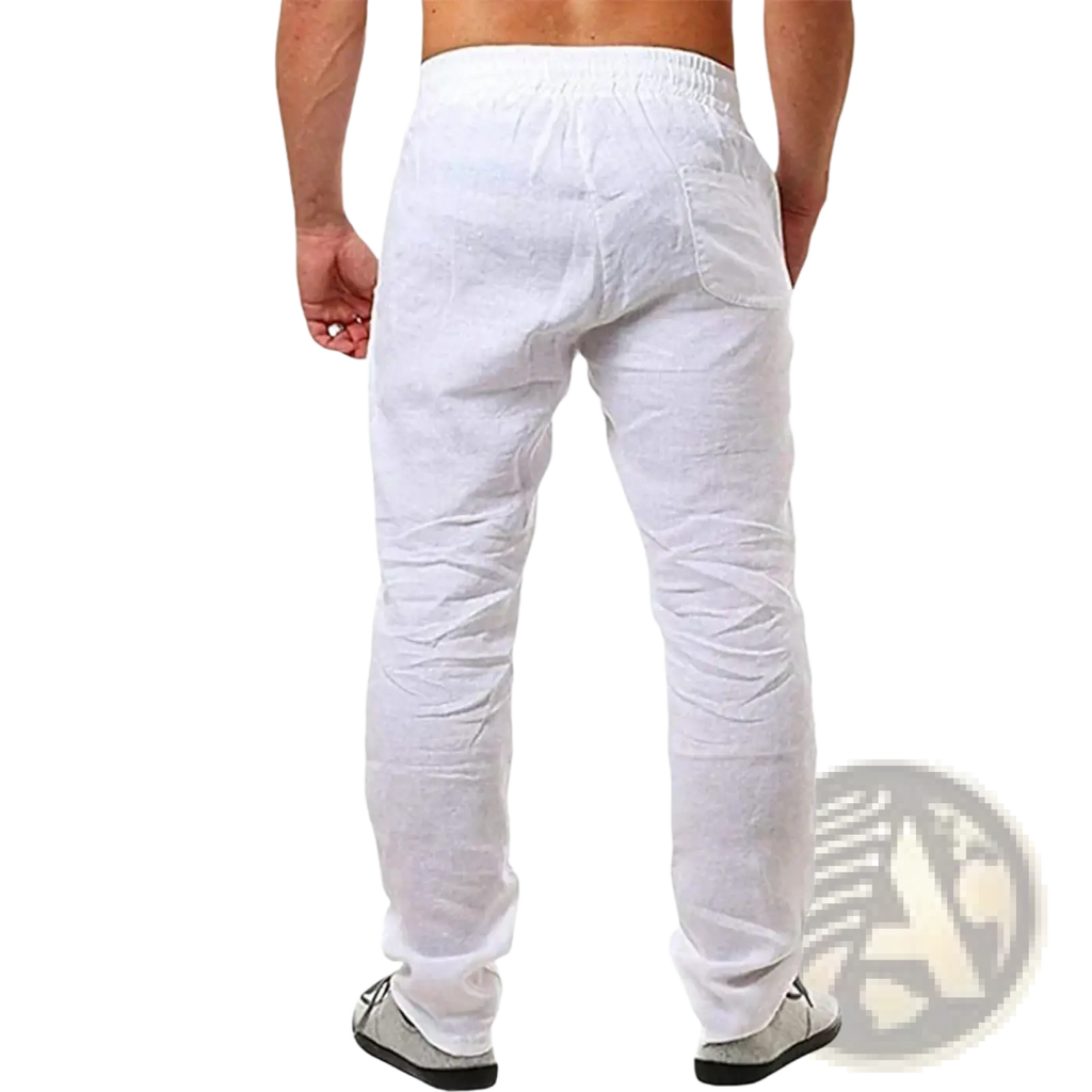 White linen men cotton linen casual trousers with elastic waistband and single back pocket shown from the back side