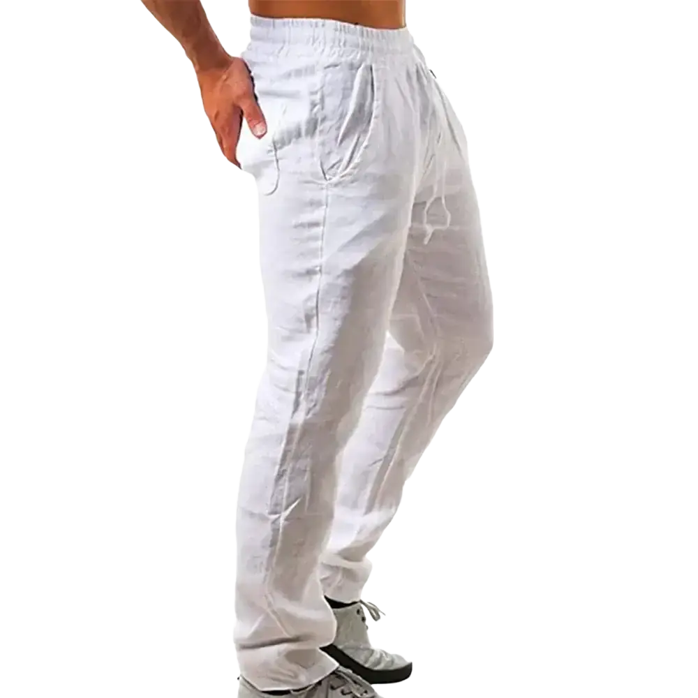 White cotton linen casual joggers with elastic waistband and side pockets for men cotton linen trousers