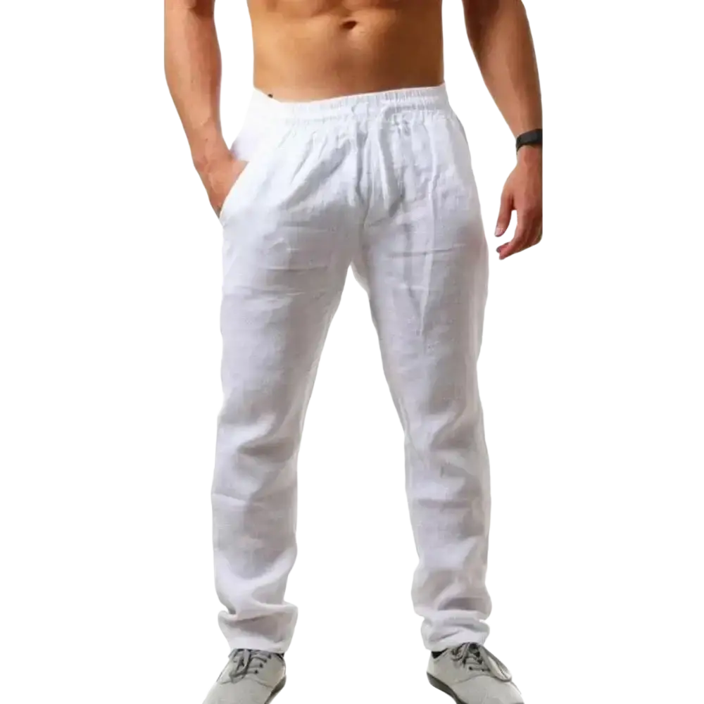 White cotton linen casual joggers with elastic waistband and side pockets for men cotton linen casual trousers