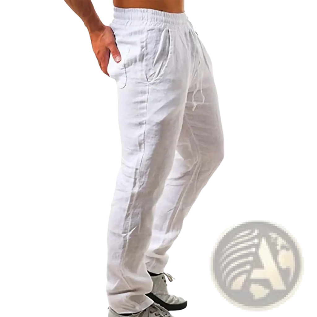 White linen joggers with elastic waistband and side pockets men cotton linen casual trousers