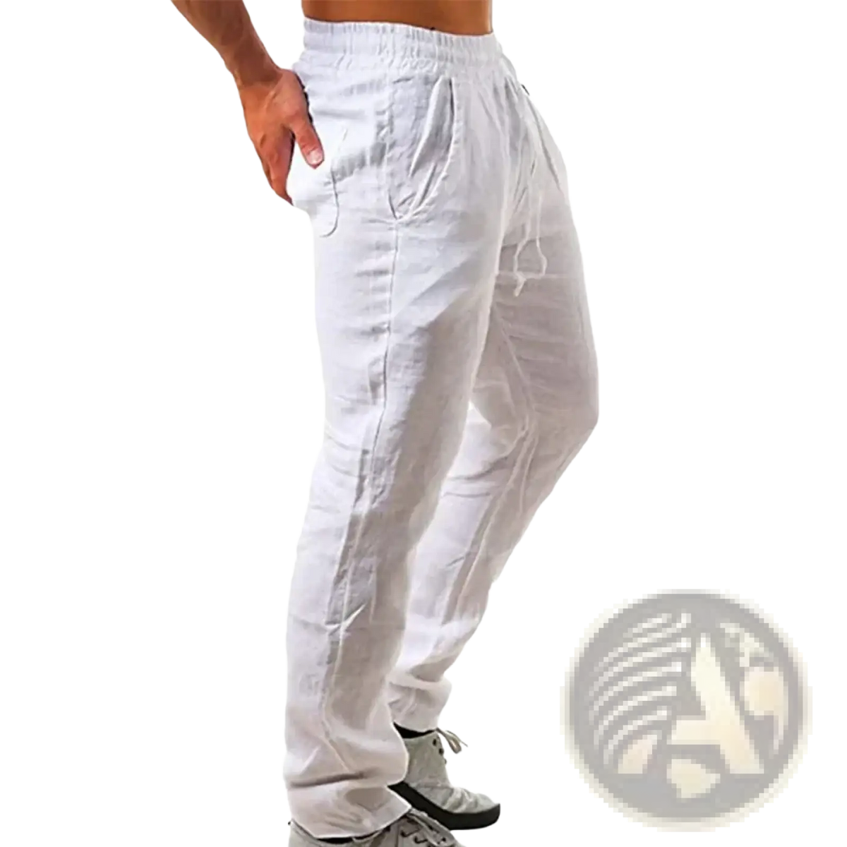 White linen joggers with elastic waistband and side pockets men cotton linen casual trousers