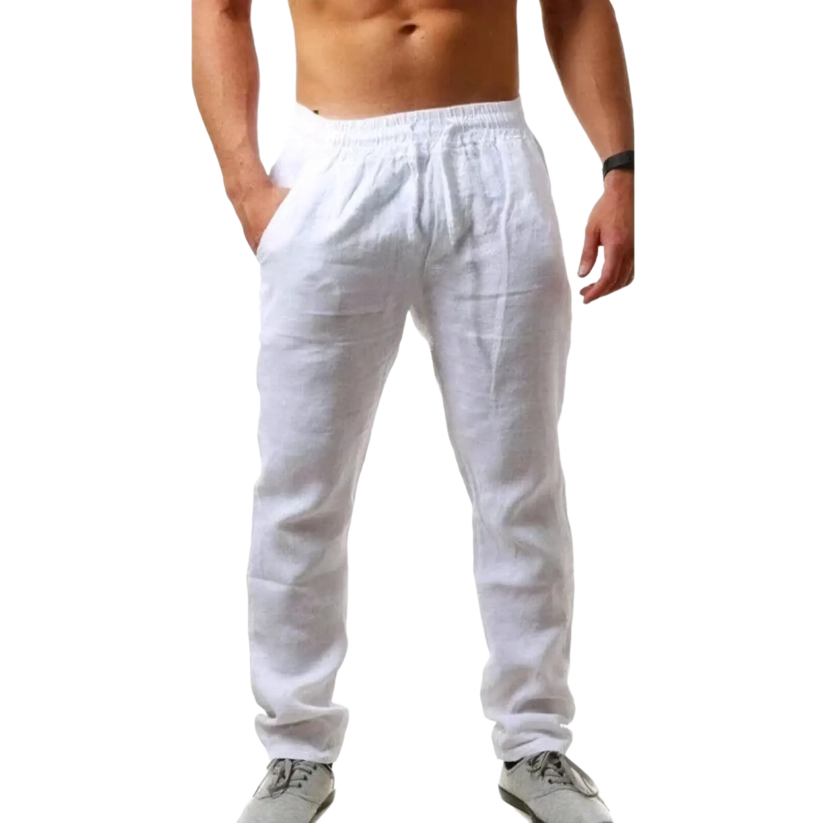 Men cotton linen casual trousers white linen pants with elastic waistband and side pockets for comfortable wear