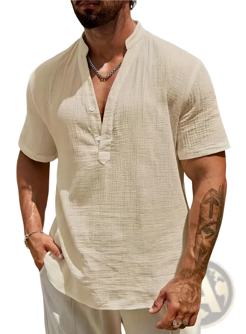 Beige men cotton linen Cuban collar shirt with short sleeves button-down front and subtle textured weave