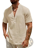 Beige men cotton linen Cuban collar shirt with short sleeves button-down front and subtle textured weave